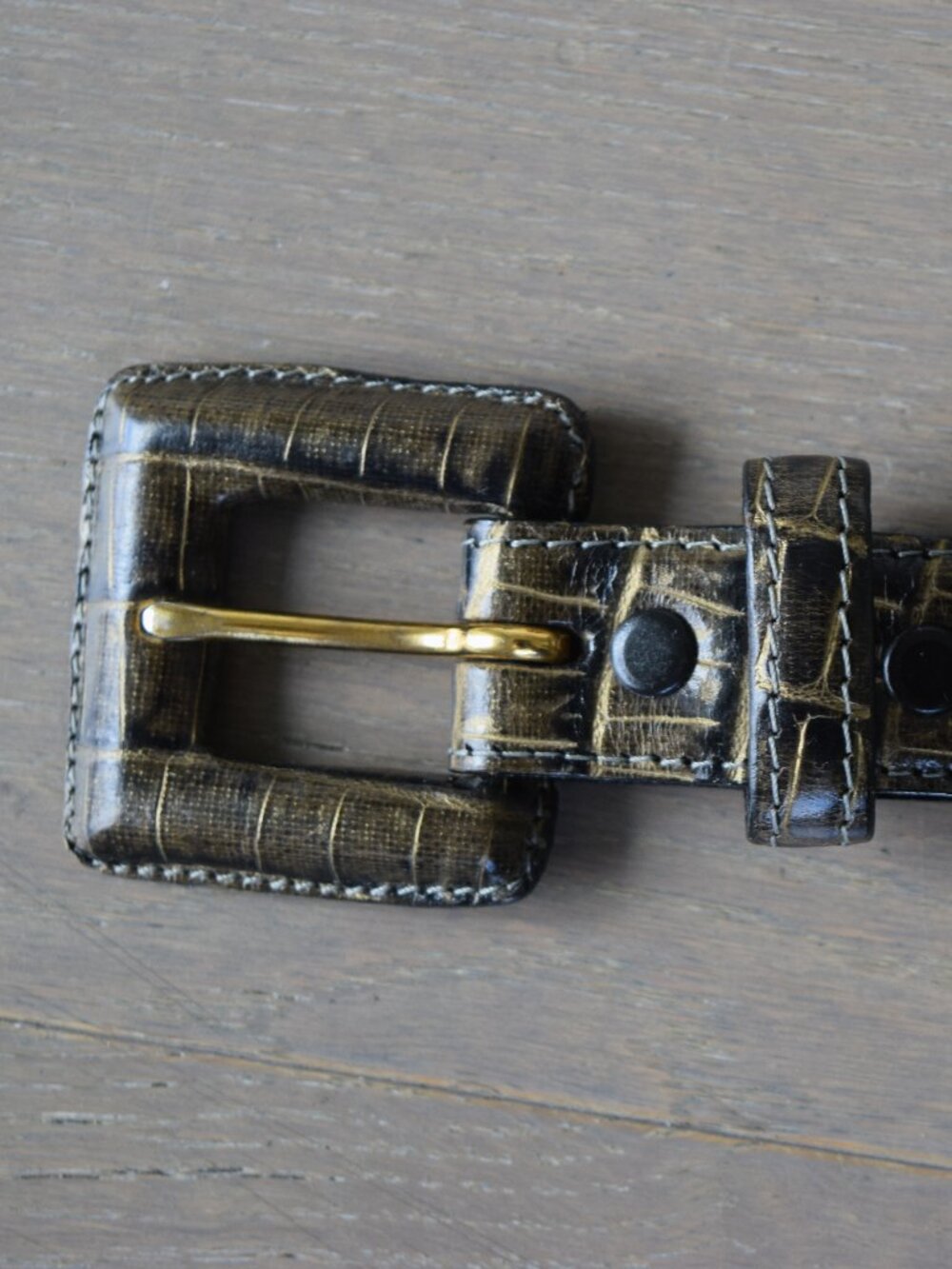 Dark Brown Croc-Embossed Leather Belt Gold Buckle